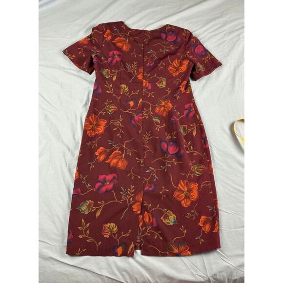 Worthington Vintage Floral Print Shift Dress Burgundy Size 12 Short Sleeve - Picture 2 of 6